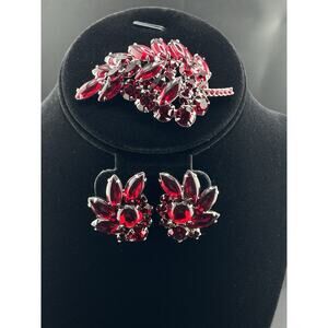 Verified Juliana D&E Ref#4379 Red Smooth Navette Rhinestone Brooch W/Earrings